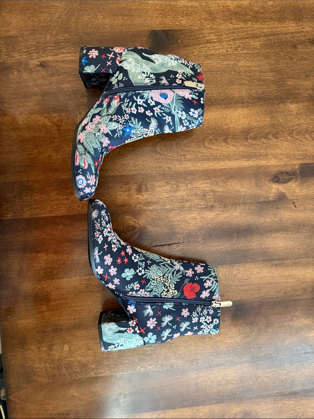 Indigo Black Floral Embroidered Block Heel Ankle Boots